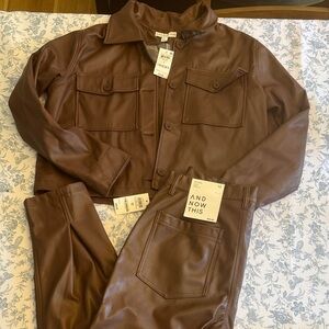 Brown Faux Leather Jacket and Pant Set